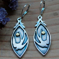 Spring swallow, bird and sun earrings in silver and brass