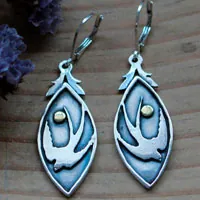 Spring swallow, bird and sun earrings in silver and brass