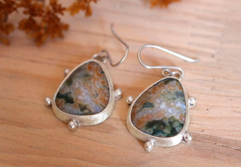 Stellar melody, celestial vault earrings in silver and ocean jasper