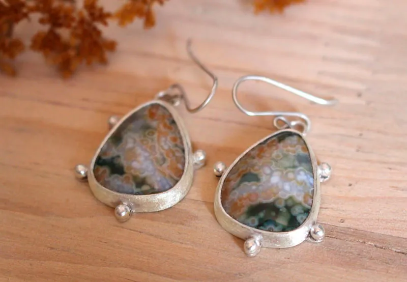 Stellar melody, celestial vault earrings in silver and ocean jasper