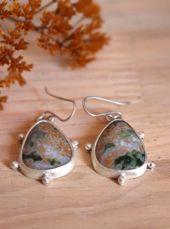 Stellar melody, celestial vault earrings in silver and ocean jasper