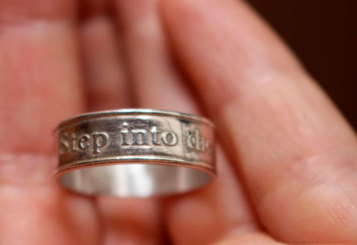 Step into the Light, encouragement and spirituality ring in sterling silver