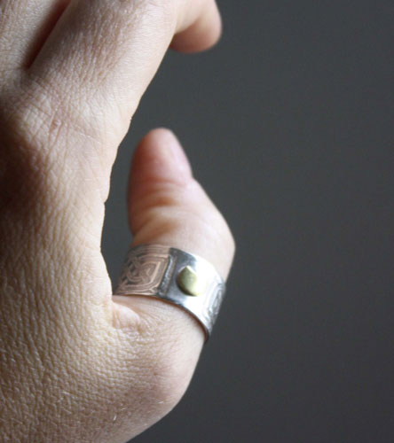 Stonehenge, moon and Celtic knot ring in silver and brass