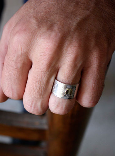 Stonehenge, moon and Celtic knot ring in silver and brass