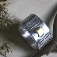 Stonehenge, moon and Celtic knot ring in silver and brass