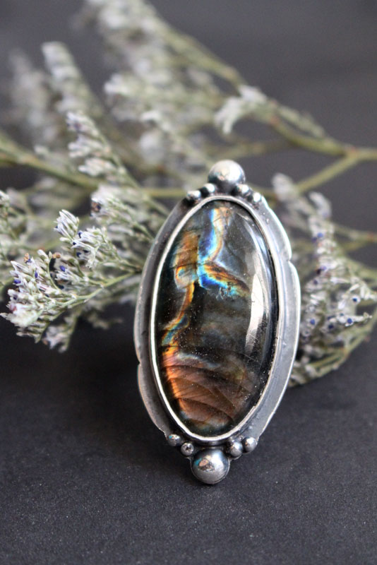 Storm sky, celestial mirror ring in sterling silver and labradorite