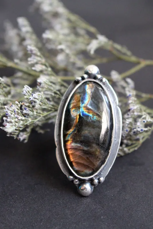 Storm sky, celestial mirror ring in sterling silver and labradorite