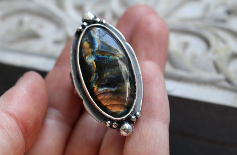 Storm sky, celestial mirror ring in sterling silver and labradorite