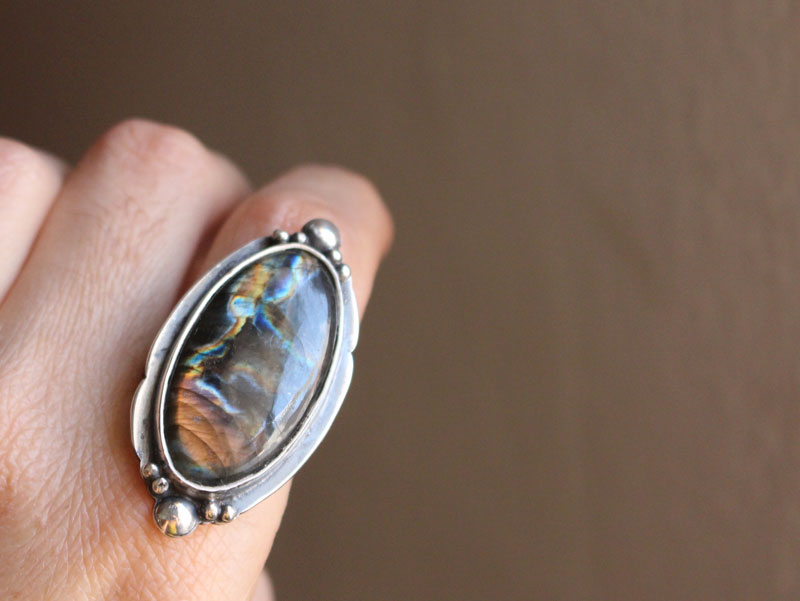 Storm sky, celestial mirror ring in sterling silver and labradorite