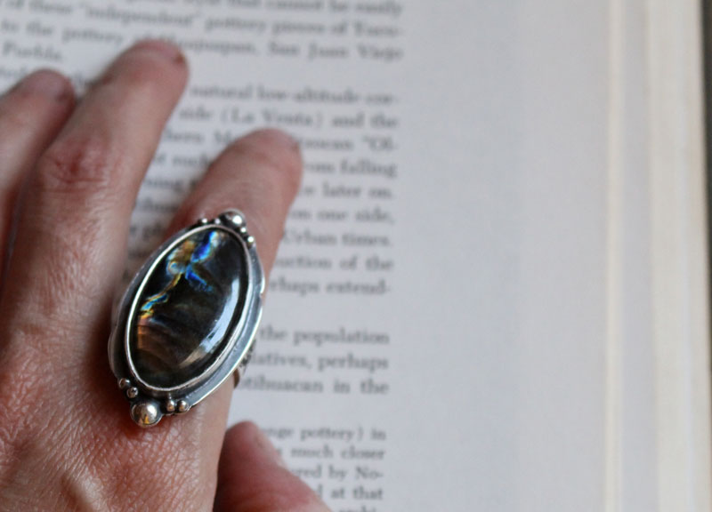 Storm sky, celestial mirror ring in sterling silver and labradorite