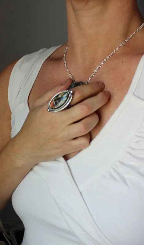 Storm sky, celestial mirror ring in sterling silver and labradorite