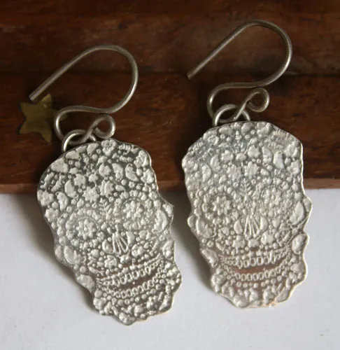 Sugar skull, Mexican skull earrings in sterling silver