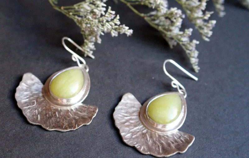 Sun leaves, ginkgo leaf earrings in sterling silver and aventurine