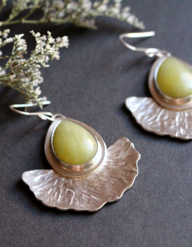 Sun leaves, ginkgo leaf earrings in sterling silver and aventurine