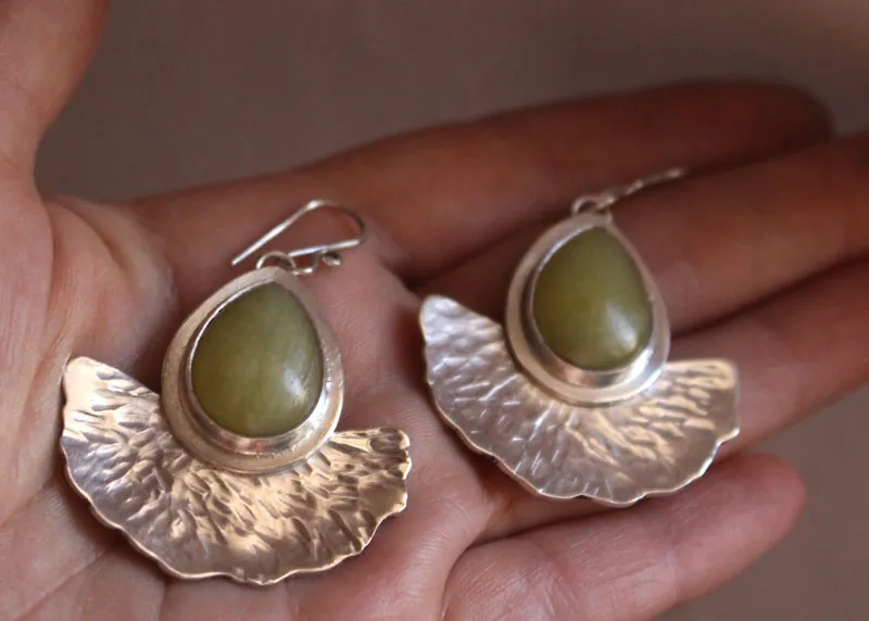 Sun leaves, ginkgo leaf earrings in sterling silver and aventurine