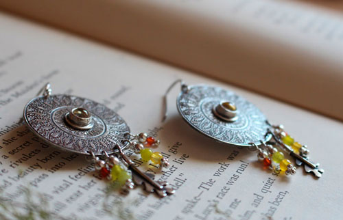 Sun petals, mandala earrings in silver, green agate, yellow agate, citrine and carnelian