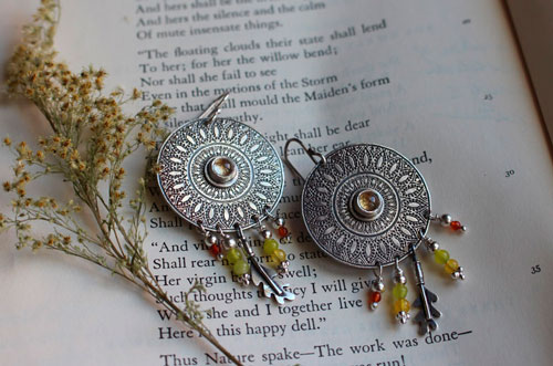 Sun petals, mandala earrings in silver, green agate, yellow agate, citrine and carnelian