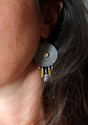 Sun petals, mandala earrings in silver, green agate, yellow agate, citrine and carnelian