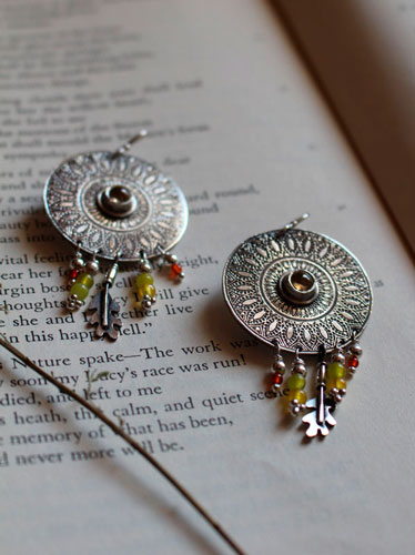 Sun petals, mandala earrings in silver, green agate, yellow agate, citrine and carnelian