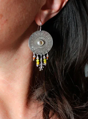 Sun petals, mandala earrings in silver, green agate, yellow agate, citrine and carnelian