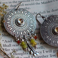 Sun petals, mandala earrings in silver, green agate, yellow agate, citrine and carnelian