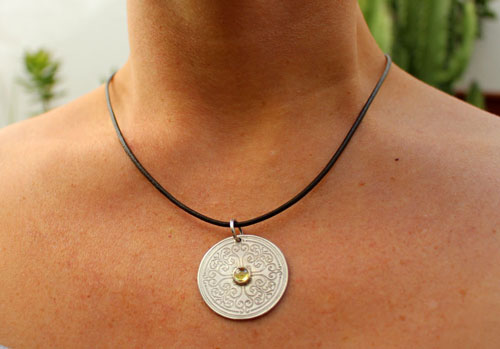 Sunilda, medieval shield pendant in silver and yellow quartz