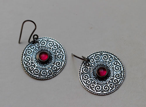 Suzani, Asian embroidery earrings in silver and ruby