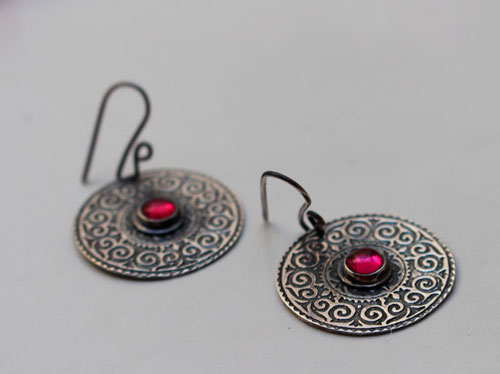Suzani, Asian embroidery earrings in silver and ruby