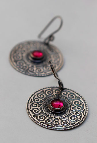 Suzani, Asian embroidery earrings in silver and ruby