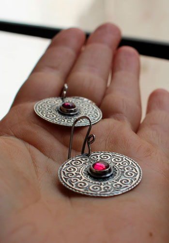 Suzani, Asian embroidery earrings in silver and ruby