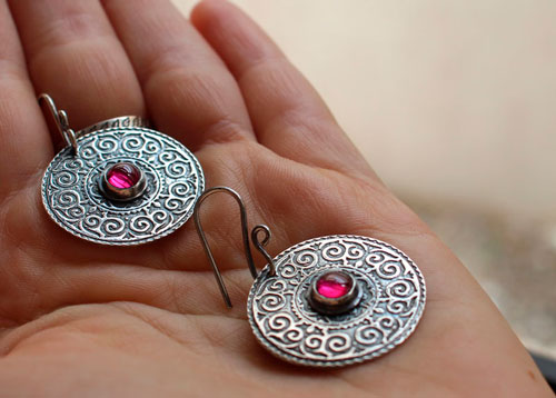 Suzani, Asian embroidery earrings in silver and ruby