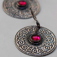Suzani, Asian embroidery earrings in silver and ruby