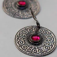 Suzani, Asian embroidery earrings in silver and ruby