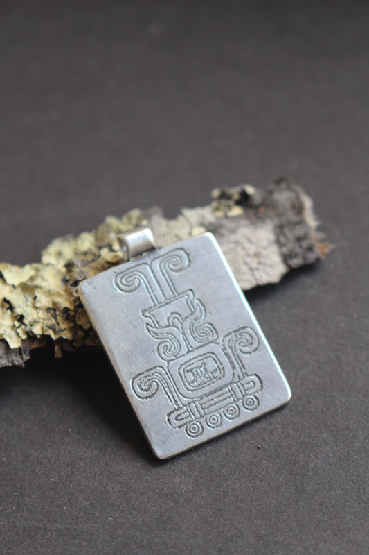 Sacred fire, Mexican Aztec glyph pendant in silver