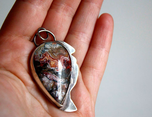 Sayap, dragon wing pendant in silver and Mexican crazy lace agate