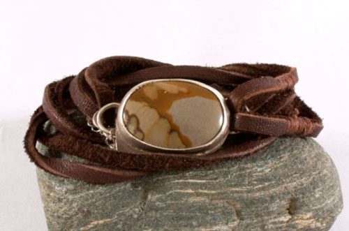 Shandar, desert bracelet in sterling silver, leather, and picture jasper
