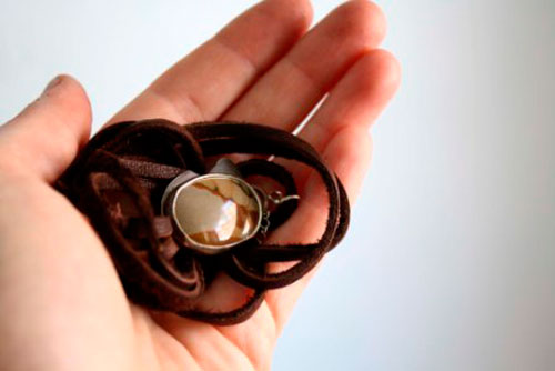 Shandar, desert bracelet in sterling silver, leather, and picture jasper