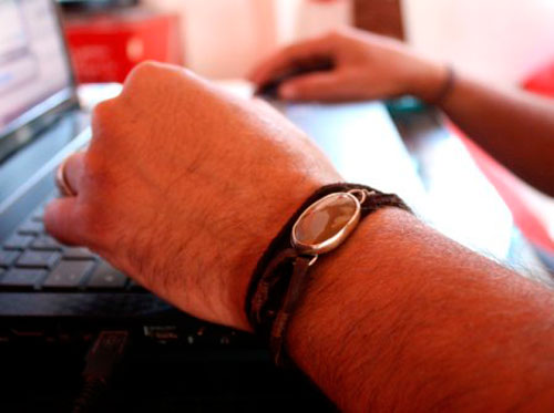Shandar, desert bracelet in sterling silver, leather, and picture jasper