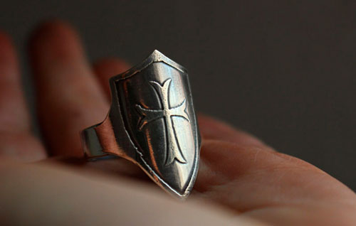 Shield, medieval cross ring in sterling silver