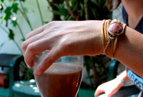 Shina, red sand bracelet in silver, leather and picture jasper