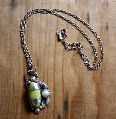 Shinju, spring awakening pendant in silver, pearl, and aventurine
