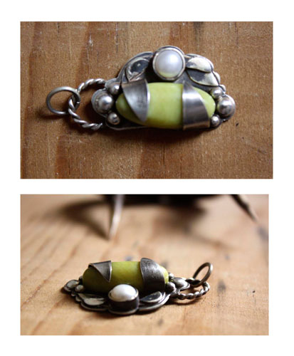 Shinju, spring awakening pendant in silver, pearl, and aventurine