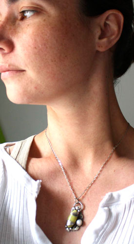 Shinju, spring awakening pendant in silver, pearl, and aventurine