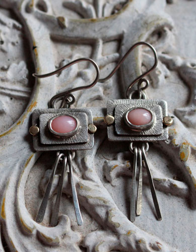 Shooting star, celestial earrings in sterling silver, gold, and pink opal 