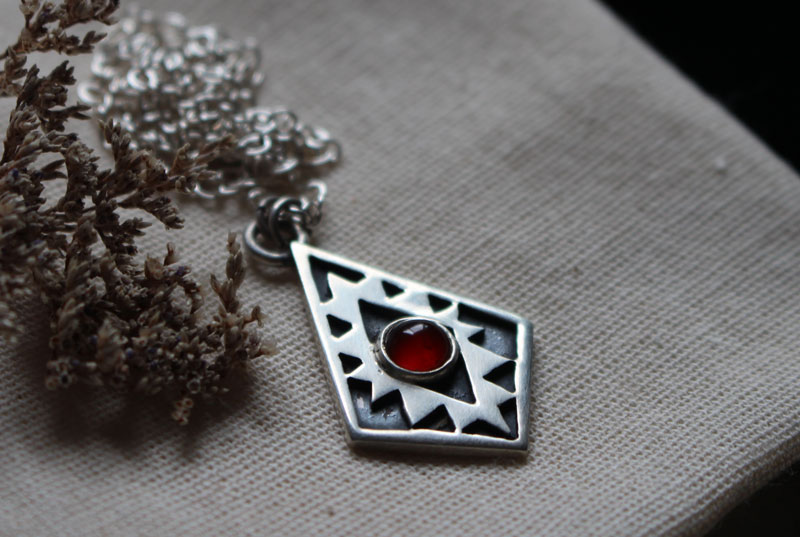 Soul mirror, Aztec cross necklace in sterling silver and carnelian