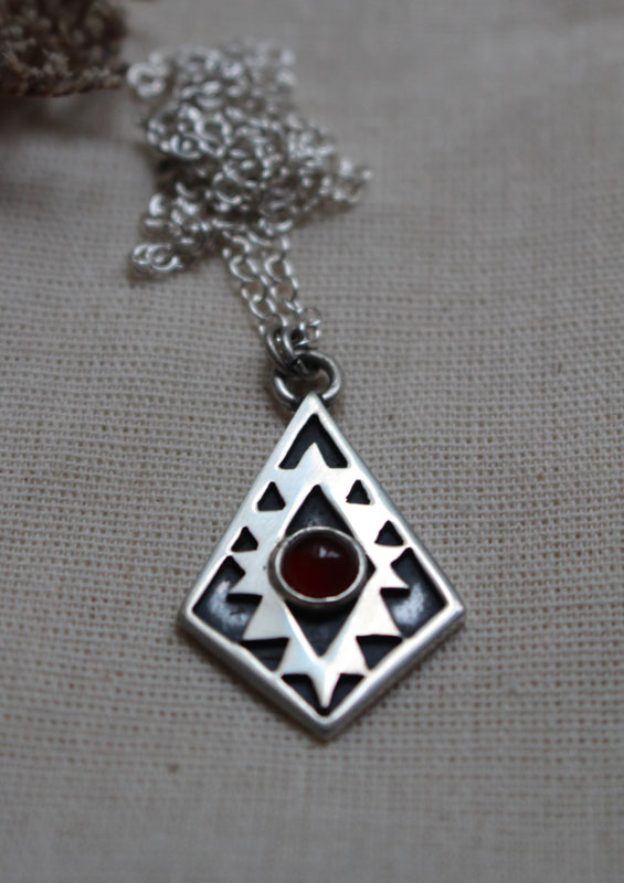 Soul mirror, Aztec cross necklace in sterling silver and carnelian