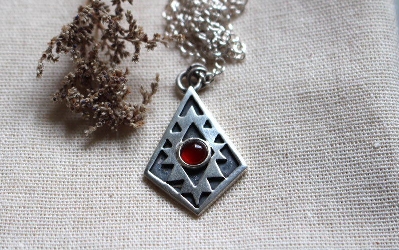 Soul mirror, Aztec cross necklace in sterling silver and carnelian