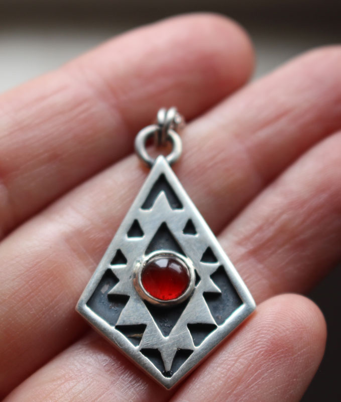 Soul mirror, Aztec cross necklace in sterling silver and carnelian