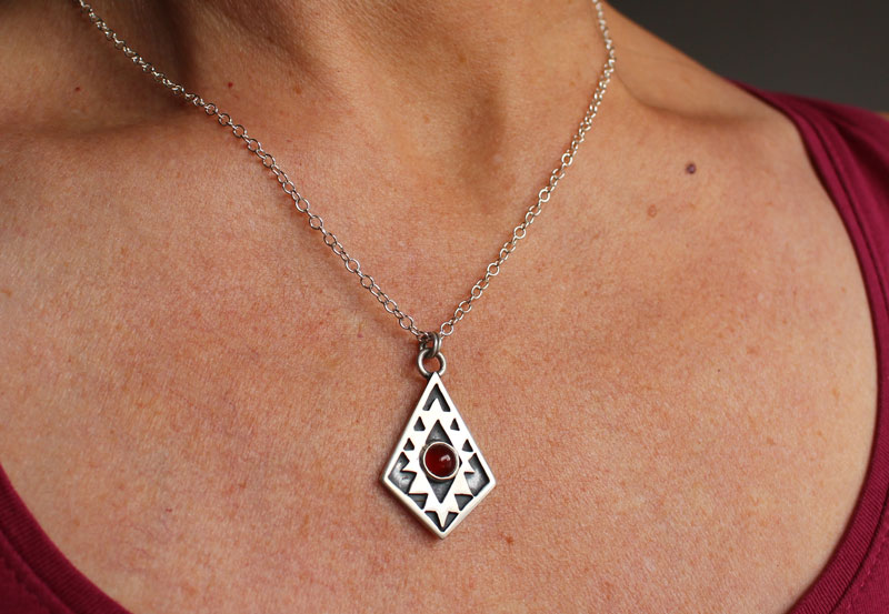 Soul mirror, Aztec cross necklace in sterling silver and carnelian