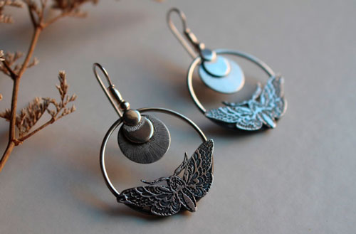 Sphinx, moth and moon earrings in sterling silver